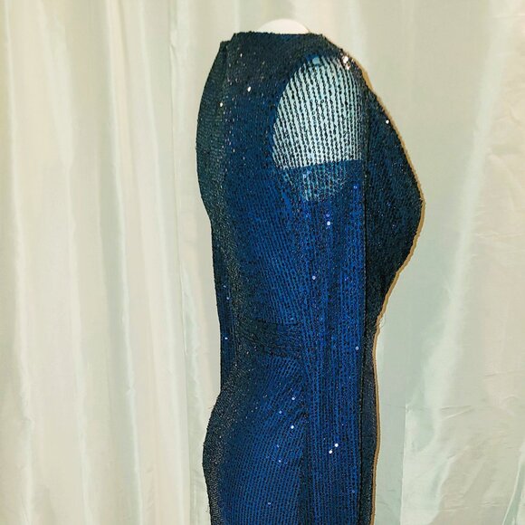 NWT IEENA for Mac Duggal Womens Size 2 Navy Blue Sequin Long Sleeve Mesh Gown - Picture 3 of 13